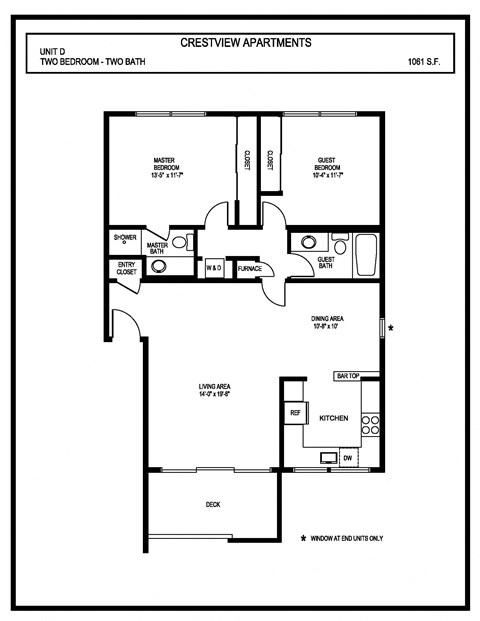 Floor plan for 2 beds, 2 baths, 1061 sqft